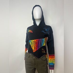 Nepal-Made Patchwork Hoodie Top w/ Rainbow Embroidery, Black, Size XL (Fits S–M)